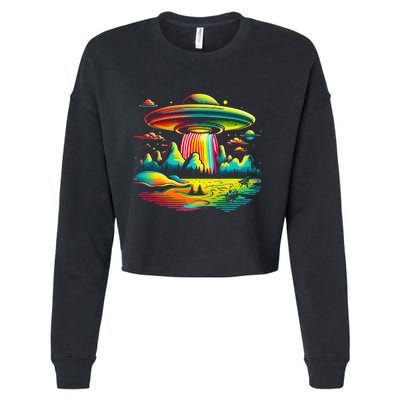 UFO Alien Retro Bright Mountain Lake Camping Visitor Cropped Pullover Crew