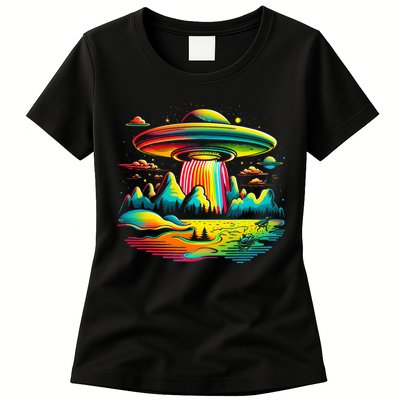 UFO Alien Retro Bright Mountain Lake Camping Visitor Womens T-Shirt