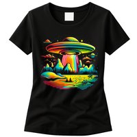 UFO Alien Retro Bright Mountain Lake Camping Visitor Womens T-Shirt