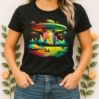 UFO Alien Retro Bright Mountain Lake Camping Visitor Womens T-Shirt