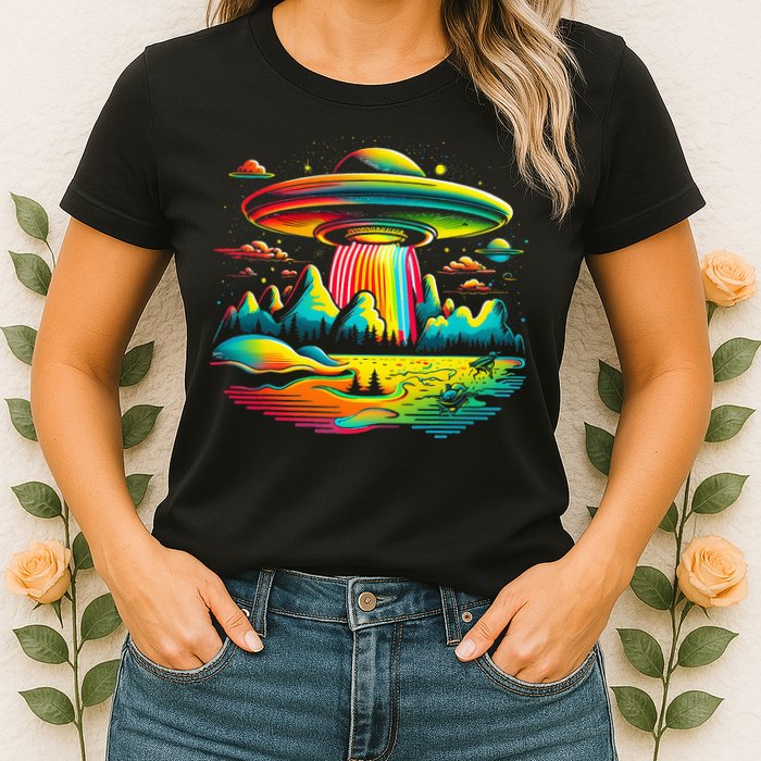 UFO Alien Retro Bright Mountain Lake Camping Visitor Womens T-Shirt