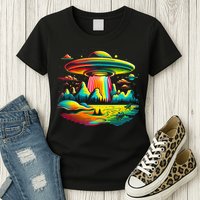 UFO Alien Retro Bright Mountain Lake Camping Visitor Womens T-Shirt