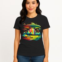 UFO Alien Retro Bright Mountain Lake Camping Visitor Womens T-Shirt