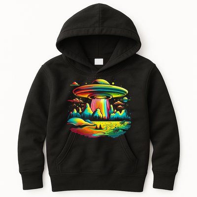 UFO Alien Retro Bright Mountain Lake Camping Visitor Kids Hoodie