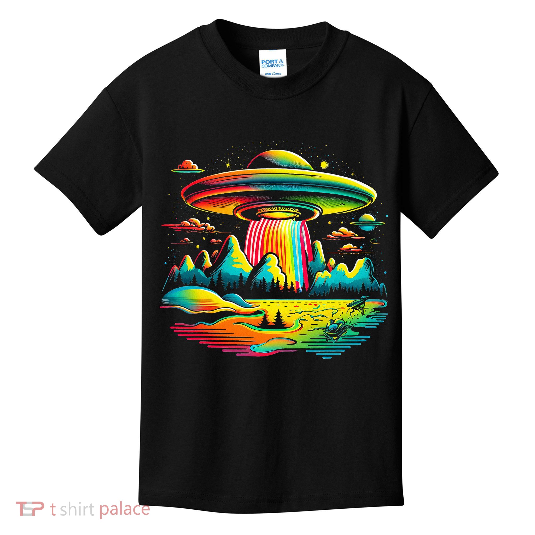 UFO Alien Retro Bright Mountain Lake Camping Visitor Kids T-Shirt