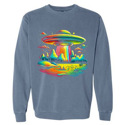 UFO Alien Retro Bright Mountain Lake Camping Visitor Garment-Dyed Sweatshirt