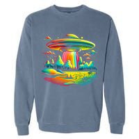 UFO Alien Retro Bright Mountain Lake Camping Visitor Garment-Dyed Sweatshirt