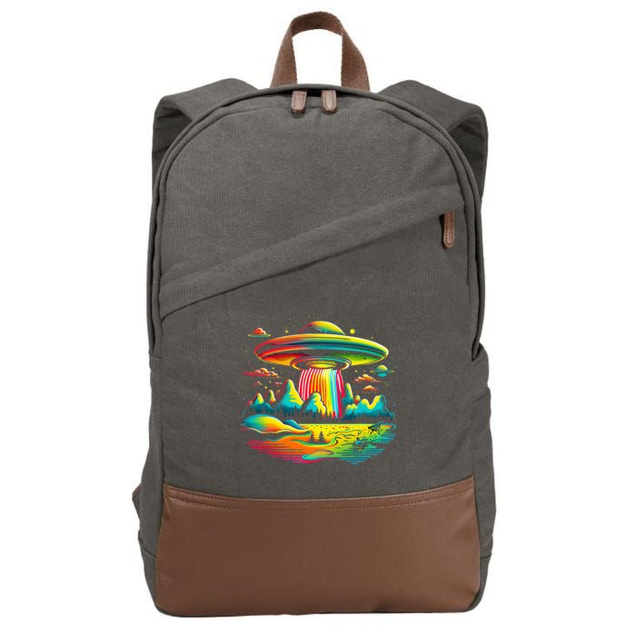 UFO Alien Retro Bright Mountain Lake Camping Visitor Cotton Canvas Backpack