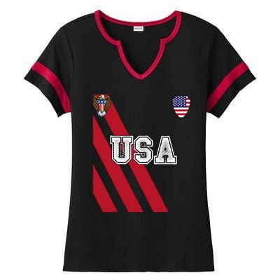 Usa America Soccer Jersey Red Blue Football Ball Travel Ladies Halftime Notch Neck Tee