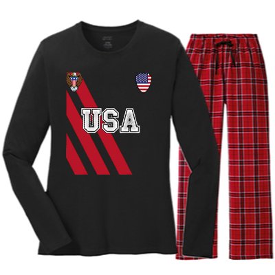 Usa America Soccer Jersey Red Blue Football Ball Travel Women's Long Sleeve Flannel Pajama Set 