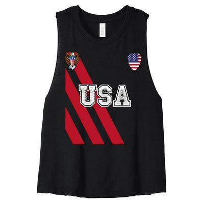 Usa America Soccer Jersey Red Blue Football Ball Travel Women's Racerback Cropped Tank