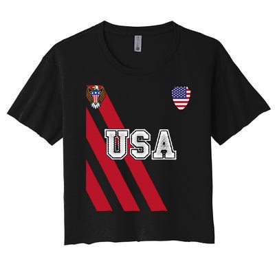 Usa America Soccer Jersey Red Blue Football Ball Travel Women's Crop Top Tee