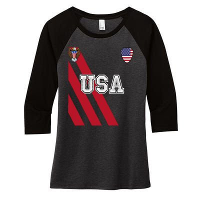 Usa America Soccer Jersey Red Blue Football Ball Travel Women's Tri-Blend 3/4-Sleeve Raglan Shirt