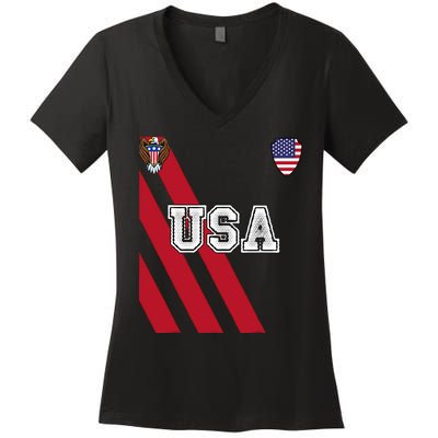 Usa America Soccer Jersey Red Blue Football Ball Travel Women's V-Neck T-Shirt