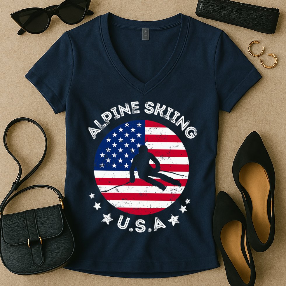 US Alpine Skiing Team Retro Support USA Downhill Skiing Team Women's V-Neck T-Shirt