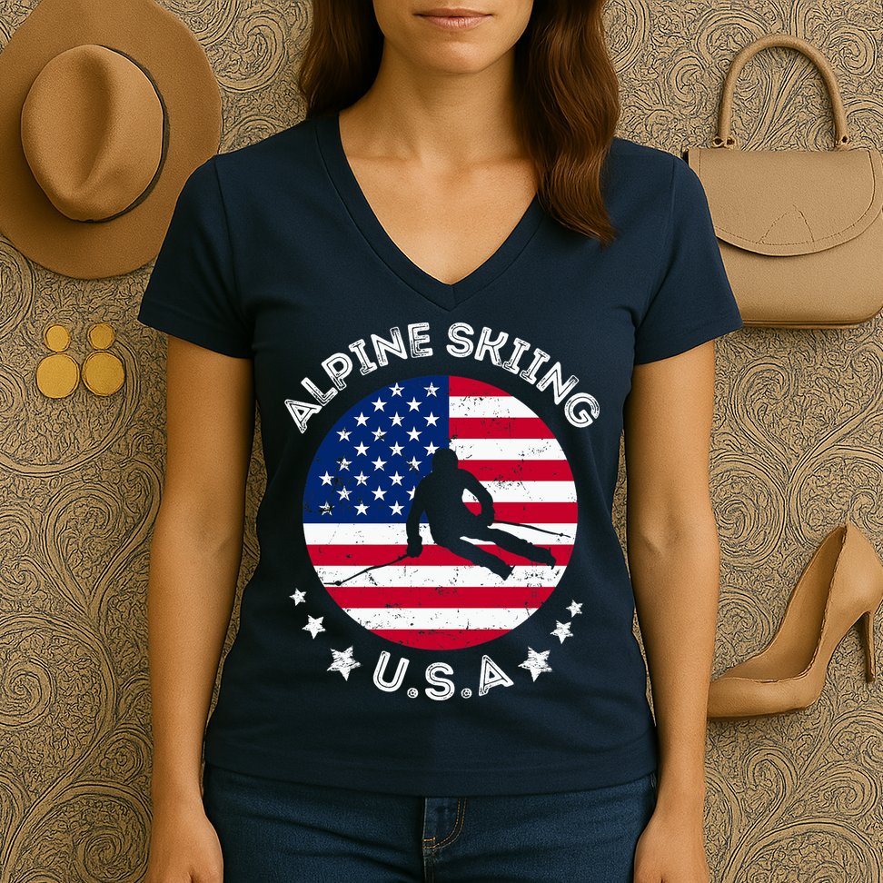 US Alpine Skiing Team Retro Support USA Downhill Skiing Team Women's V-Neck T-Shirt