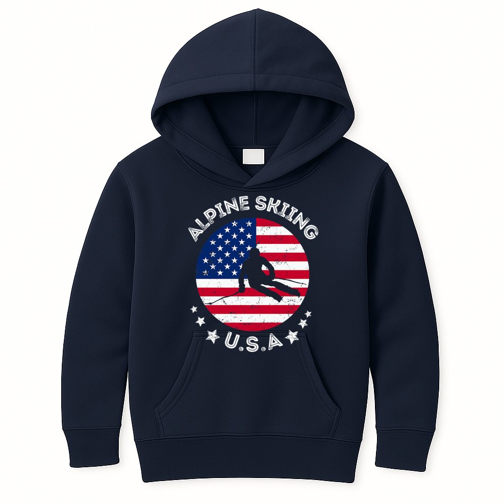 US Alpine Skiing Team Retro Support USA Downhill Skiing Team Kids Hoodie