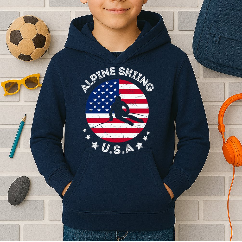 US Alpine Skiing Team Retro Support USA Downhill Skiing Team Kids Hoodie