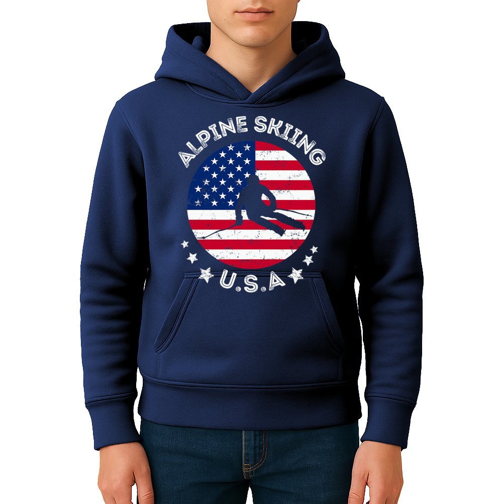 US Alpine Skiing Team Retro Support USA Downhill Skiing Team Kids Hoodie
