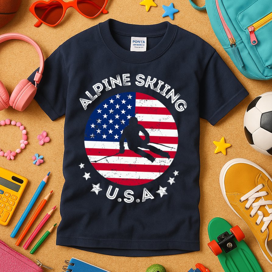 US Alpine Skiing Team Retro Support USA Downhill Skiing Team Kids T-Shirt