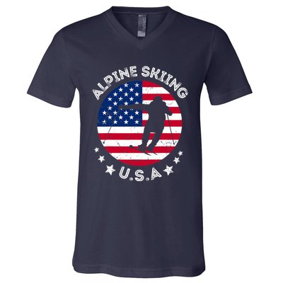 USA Alpine Skiing Team Retro Support USA Downhill Skiing V-Neck T-Shirt