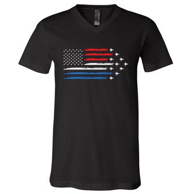 USAF Air Show American Flag 4th Of July V-Neck T-Shirt