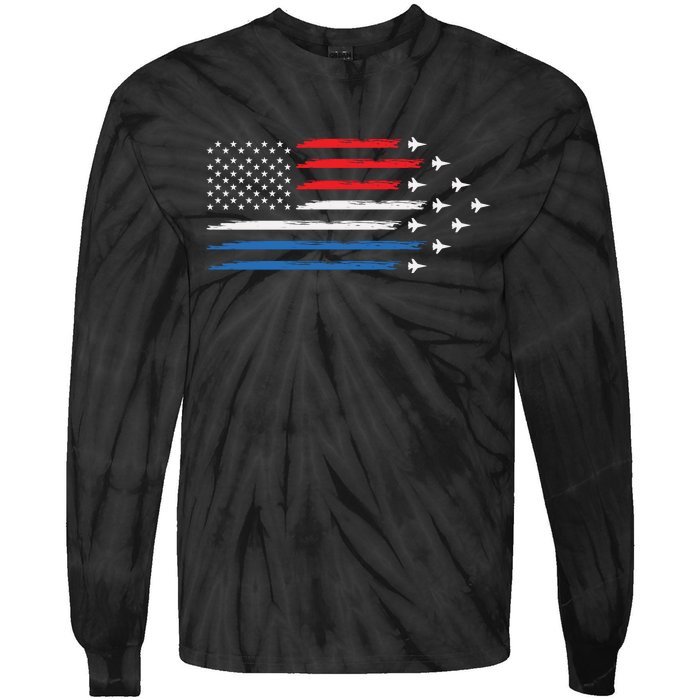 USAF Air Show American Flag 4th Of July Tie-Dye Long Sleeve Shirt