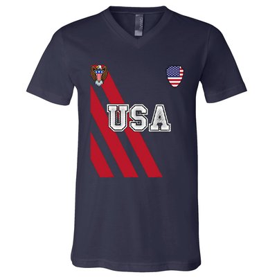 Usa America Soccer Jersey Red Blue Football Ball Travel V-Neck T-Shirt