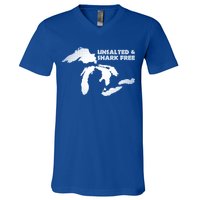 Unsalted And Shark Free Great Lakes Mi Michiganian Pride Gift V-Neck T-Shirt