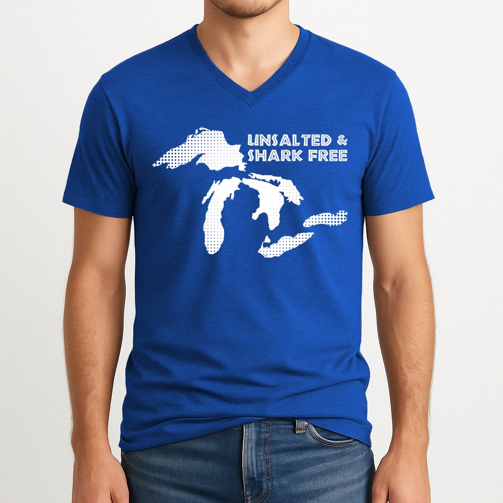 Unsalted And Shark Free Great Lakes Mi Michiganian Pride Gift V-Neck T-Shirt
