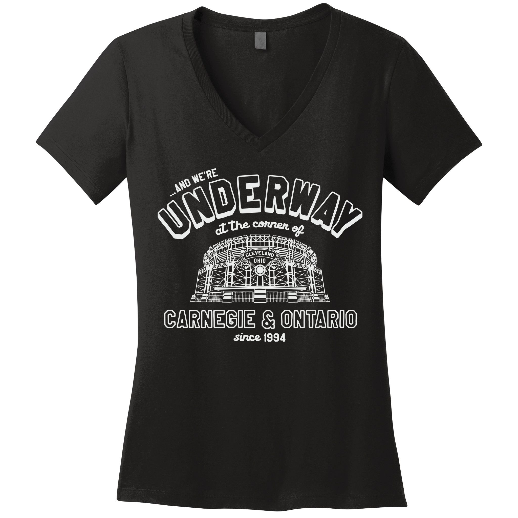 Underway At The Corner Of Carnegie & Ontario Since 1994 Women's V-Neck T-Shirt