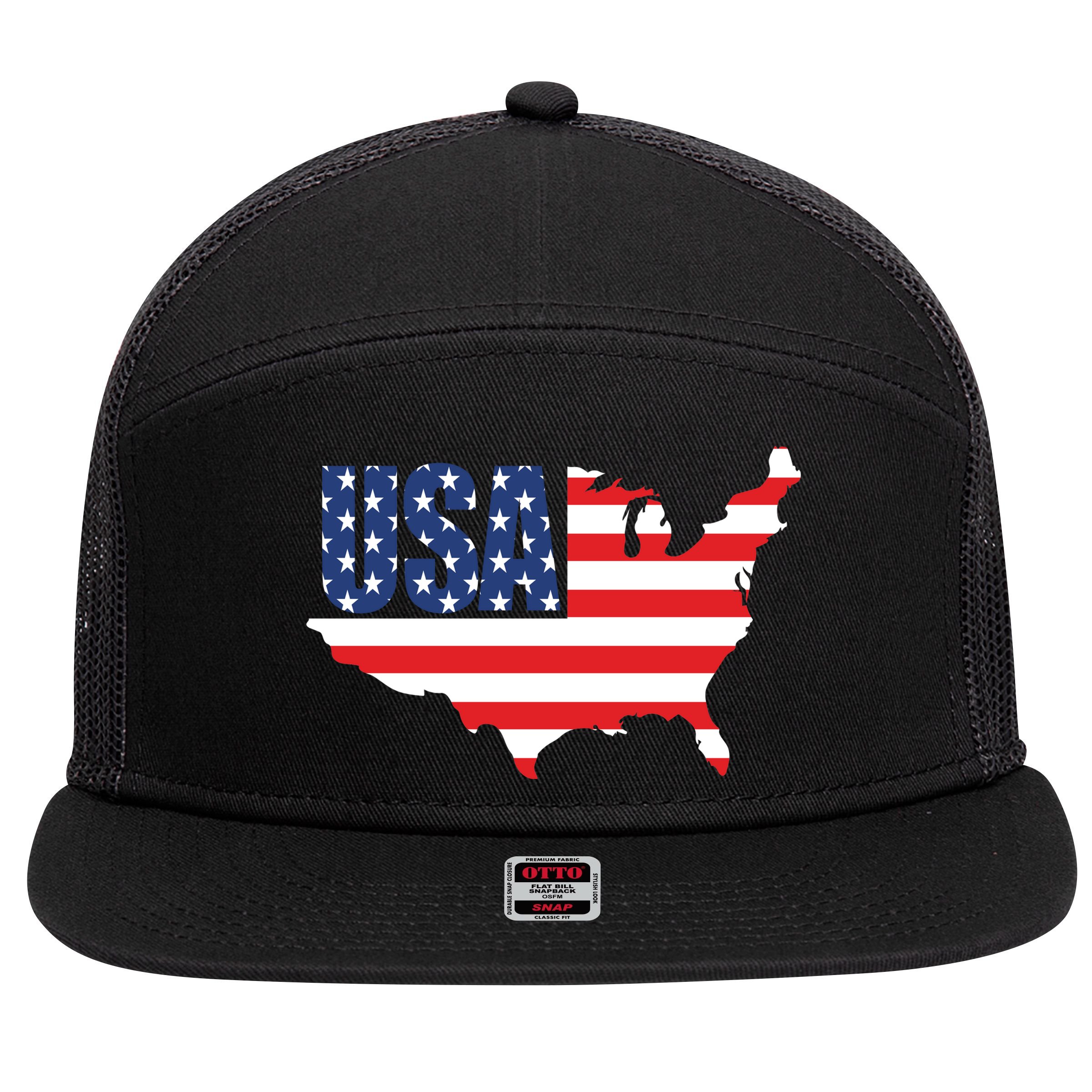 USA American US Flag Map Patriotic 7 Panel Mesh Trucker Snapback Hat
