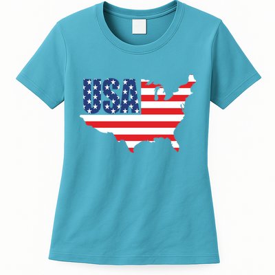 USA American US Flag Map Patriotic Womens T-Shirt
