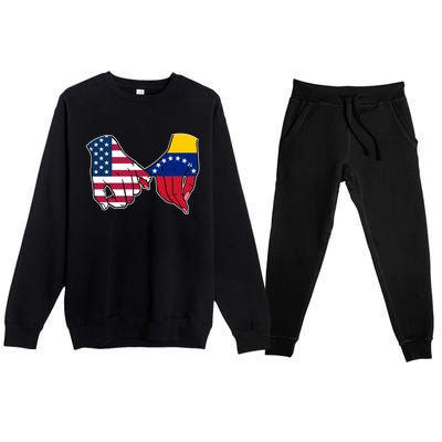 Usa And Venezuela Flags Hands Together Cute Gift Premium Crewneck Sweatsuit Set