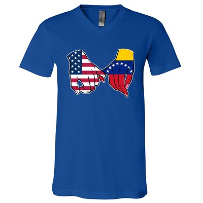 Usa And Venezuela Flags Hands Together Cute Gift V-Neck T-Shirt