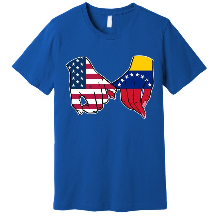 Usa And Venezuela Flags Hands Together Cute Gift Premium T-Shirt