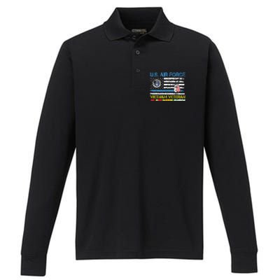 Us Airvietnam Veteran Usaf Veteran Flag Vintage Performance Long Sleeve Polo