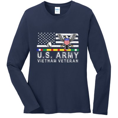 Us Army Vietnam Veteran Usa Flag Patriotic DD214 Ladies Long Sleeve Shirt