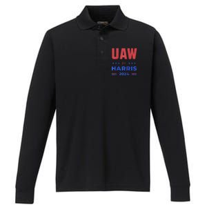 United Auto Workers For Harris 2024 Uaw Red Strike Kamala Raglan Performance Long Sleeve Polo