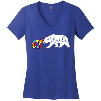 Uncle Bear Autism Awareness Month Cute Gift Puzzle Gift Women's V-Neck T-Shirt