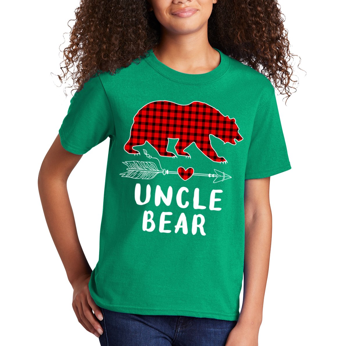 Uncle Bear Christmas Pajama Red Plaid Buffalo Xmas Kids T-Shirt