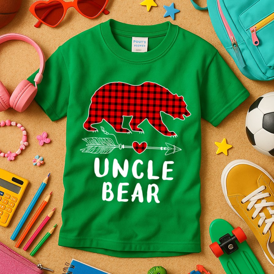 Uncle Bear Christmas Pajama Red Plaid Buffalo Xmas Kids T-Shirt