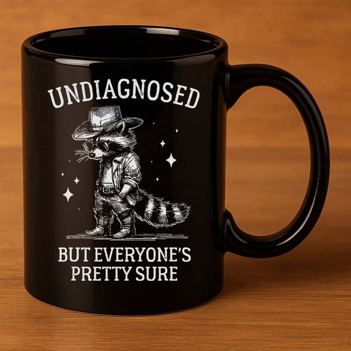 Undiagnosed But EveryoneS Pretty Sure Funny Cowboy Raccoon 11oz C Handle Ceramic Mug