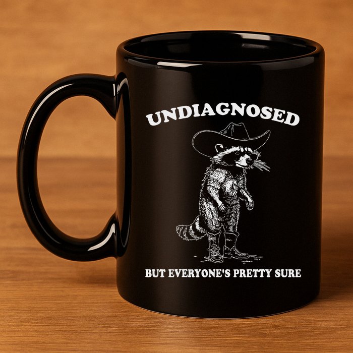 Undiagnosed But EveryoneS Pretty Sure Funny Cowboy Raccoon 11oz C Handle Ceramic Mug