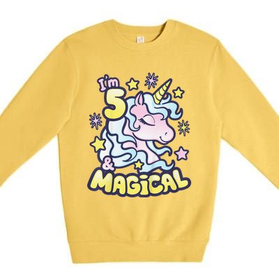 Unicorn Birthday Gift For 5 Year Old I Am 5 And Magical Premium Crewneck Sweatshirt