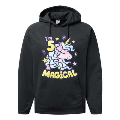 Unicorn Birthday Gift For 5 Year Old I Am 5 And Magical Performance Fleece Hoodie