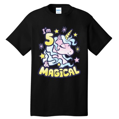 Unicorn Birthday Gift For 5 Year Old I Am 5 And Magical Tall T-Shirt