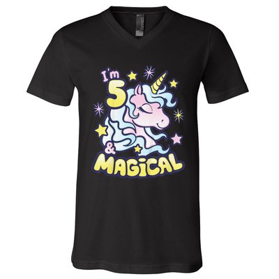 Unicorn Birthday Gift For 5 Year Old I Am 5 And Magical V-Neck T-Shirt