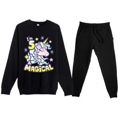 Unicorn Birthday Gift For 5 Year Old I Am 5 And Magical Premium Crewneck Sweatsuit Set