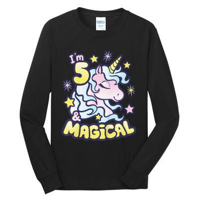 Unicorn Birthday Gift For 5 Year Old I Am 5 And Magical Tall Long Sleeve T-Shirt